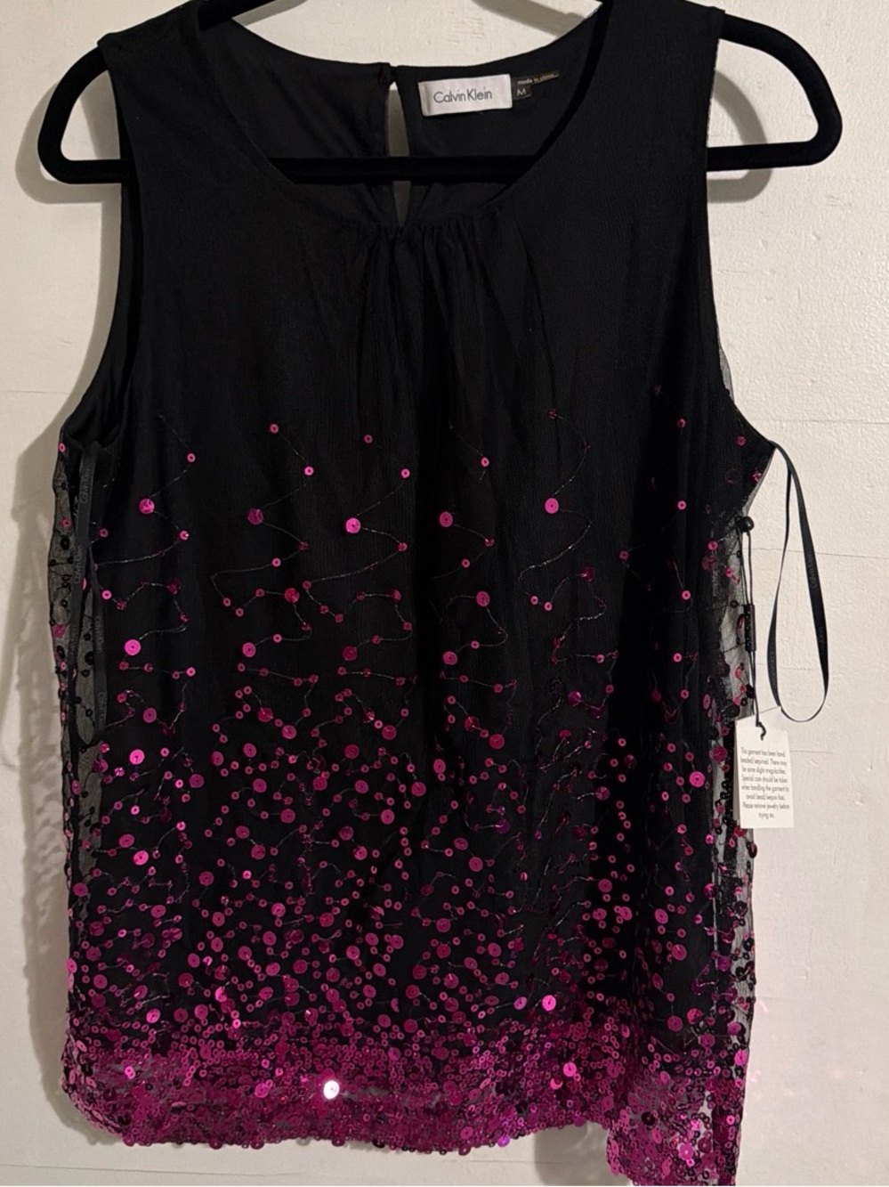 Calvin Klein Sequin Mesh Overlay Blouse Black Pink Sleeveless Top